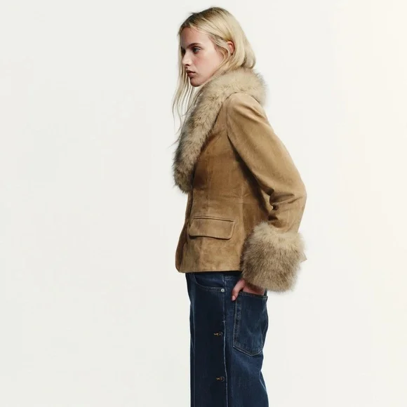 Zara Tailored Suede Leather Blazer with Faux Fur 4341/811/711 - Picture 3 of 6